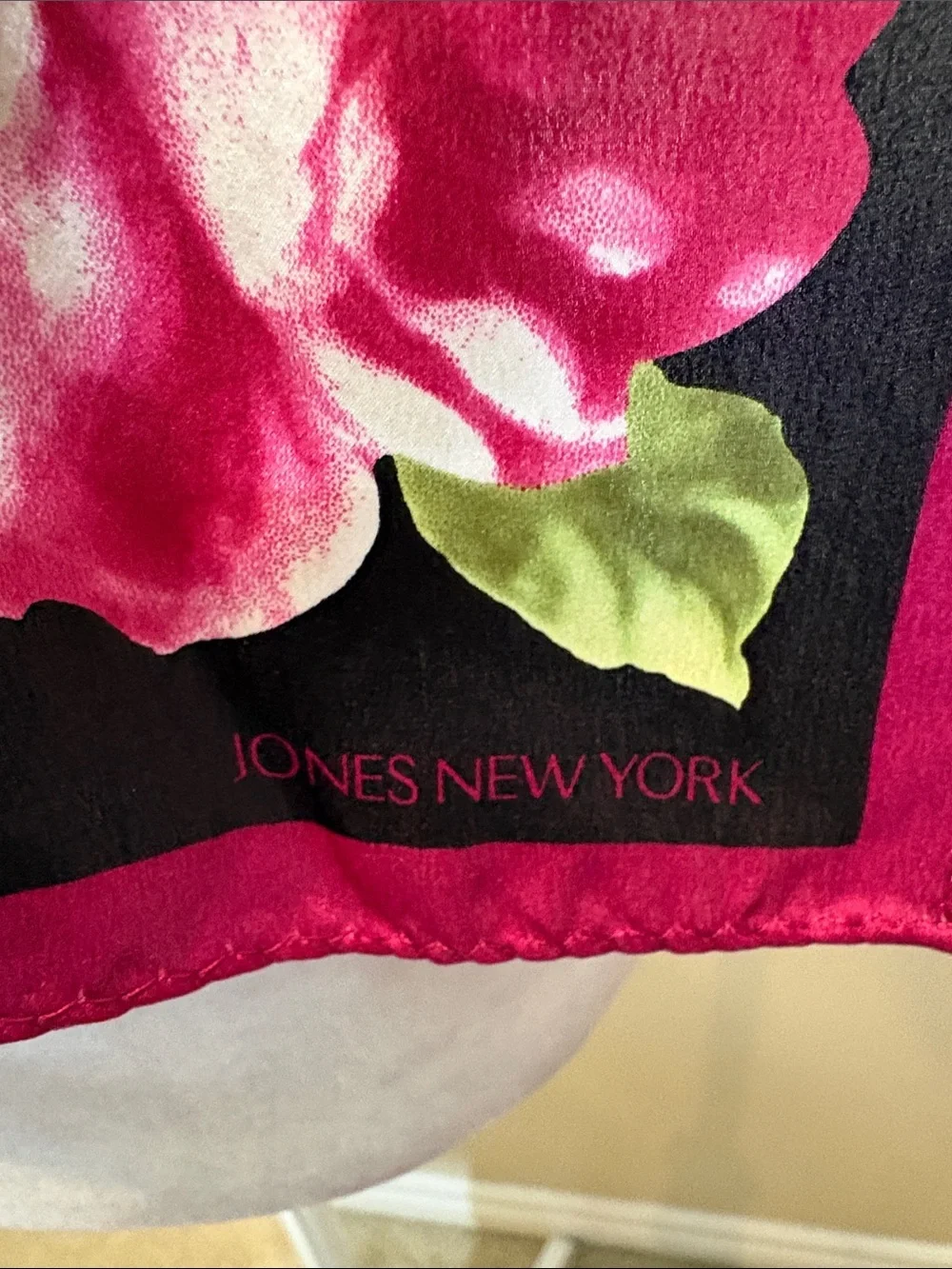 Jones New York Black Floral Silk Scarf with Pink Trim